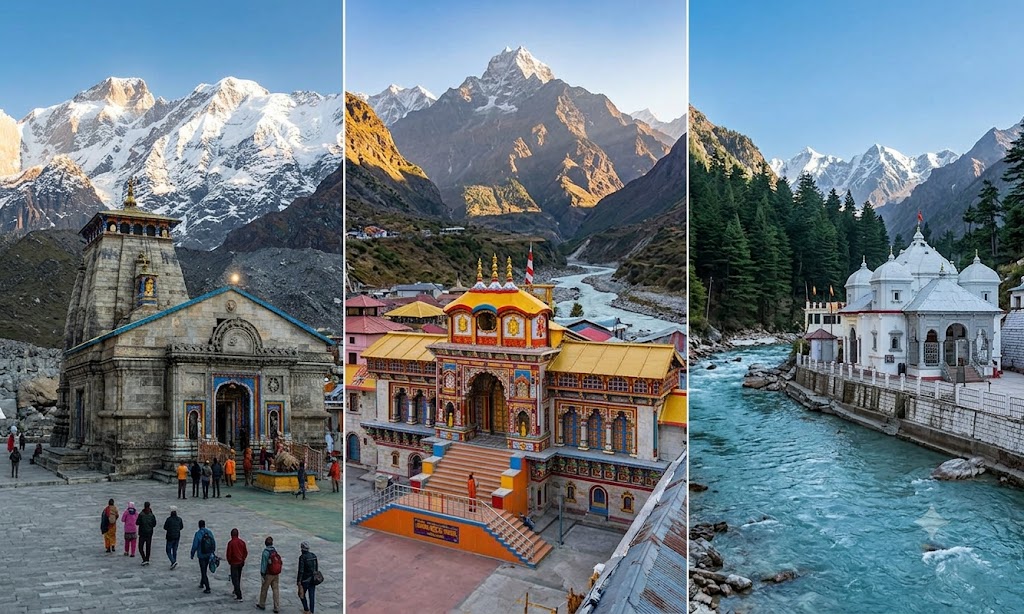 Char Dham Yatra 2026 complete circuit showcasing the four holy shrines of Uttarakhand: Yamunotri, Gangotri, Kedarnath, and Badrinath in one collage